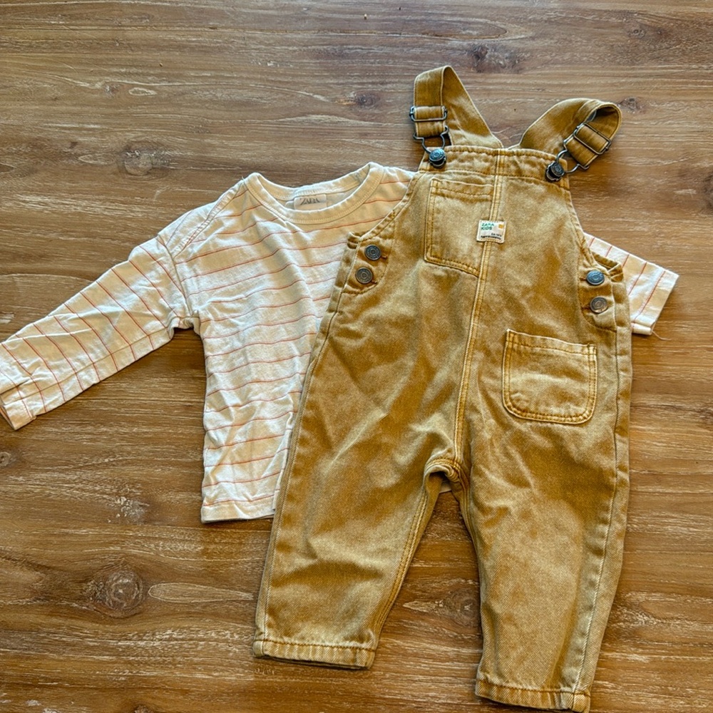 Zara boys outfit combo. Overalls and long sleeve shirt.